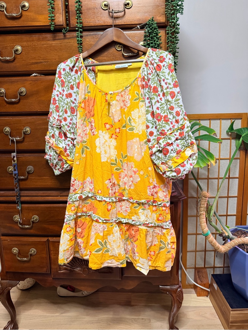 Roller Rabbit Semara Tamania Mixed Floral Puff Sleeve Mini Dress L